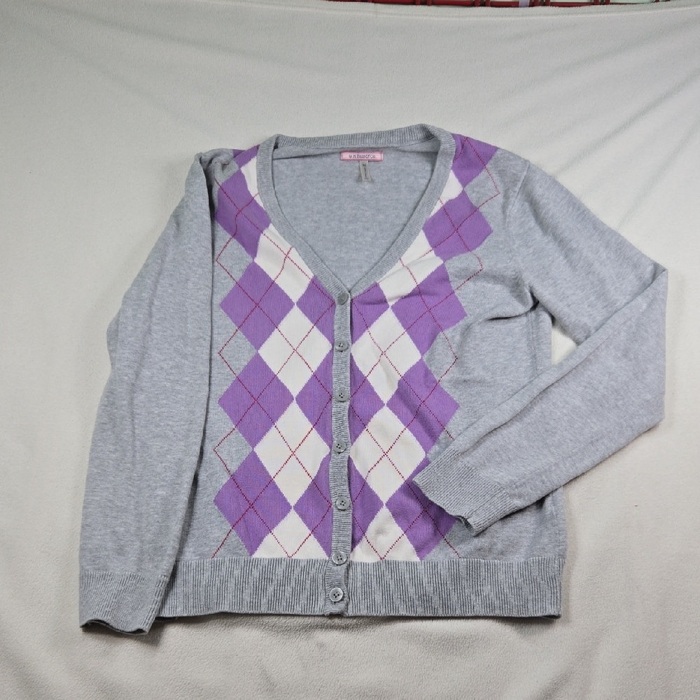 G.H.Bass &Co. Light Gray and Purple Argyle Button Up Cardigan